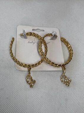 y2k Baby Phat Chain Hoop Earrings Gold tone Kitty Cat Logo Charm Rhinestone